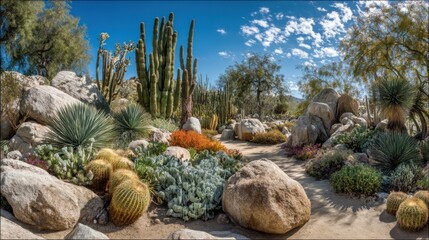 Fototapeta premium A lush desert garden showcases various cacti colorful blooms and large rocks under a bright blue sky. The scene captures the beauty of desert flora and serene pathways.