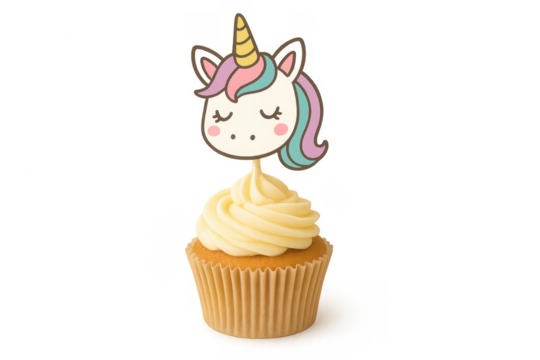 Unicorn cupcake with frosting and magical cake topper