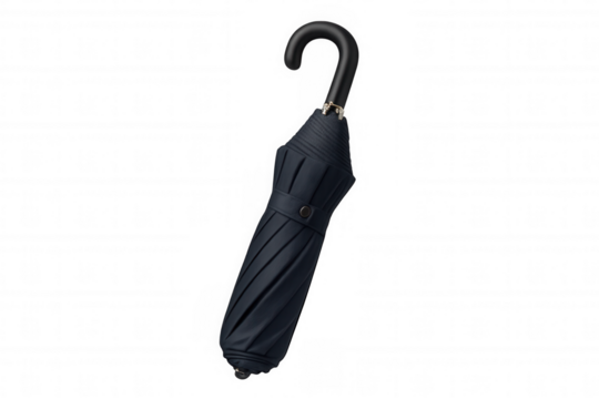 Black umbrella closed, providing protection from rain and weather elements, on transparent background