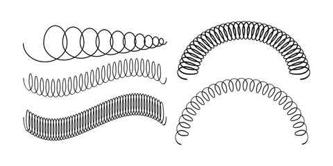 Set of coil springs in funnel, wavy line and arch shapes isolated on white background. Different metal wire spirals. Slinky toys silhouettes. Part of car suspension. Vector graphic illustration. 