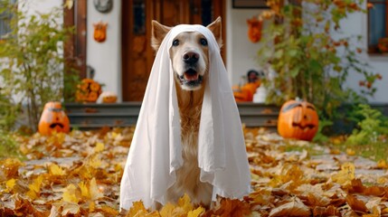 Cute golden retriever wearing ghost costume surrounded by pumpkins and autumn leaves outdoor Halloween decoration. 