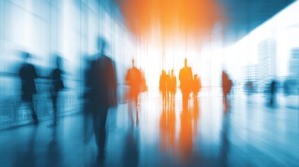 Crowds of business people move through a contemporary office space during daylight hours. The atmosphere is busy and dynamic with a sense of urgency in the air.