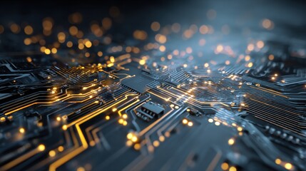 A close-up view of a circuit board showcases its intricate patterns and glowing lights. The advanced technology creates a vibrant atmosphere in the dim light.