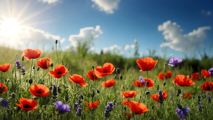 Fototapeta premium A vibrant display of red poppies in a sun-drenched meadow. Capturing the beauty of nature under a clear blue sky