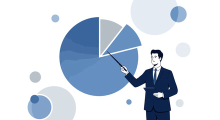 Business Presentation Illustrating A Chart With A Corporate Person Demonstrating Statistics And