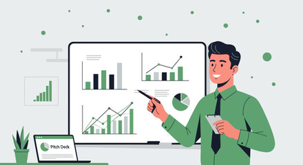 Business Presentation Illustrating Charts, Graphs, And Data Analysis For Strategic Planning