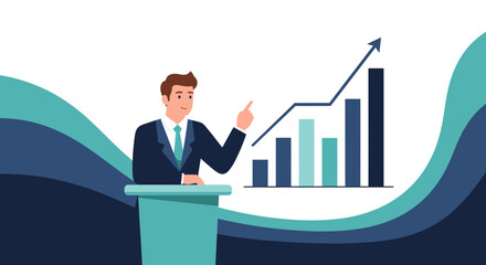Business Presentation Illustrating Growth Analysis With Businessman Pointing At Increasing Graph