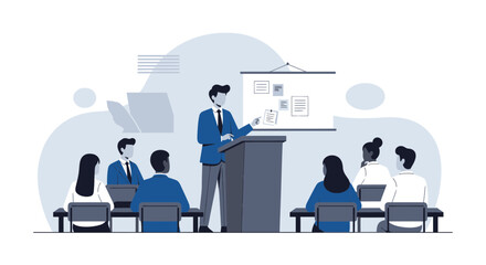 Business presentation in a meeting room with a speaker and audience