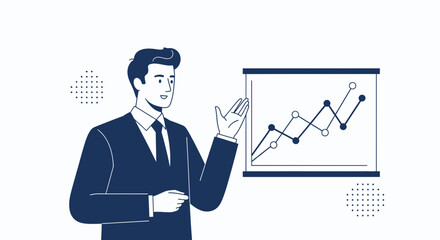 Business presentation illustration with a businessman showing a financial growth graph