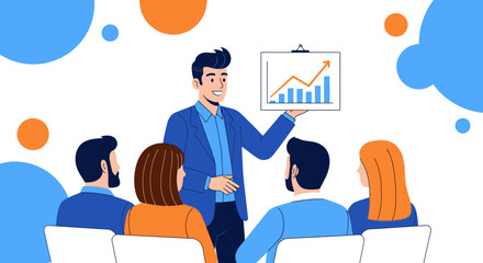 Business Presentation: Illustrative Depiction of a Business Team with Growth Chart Presentation