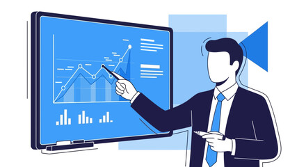 Business presentation illustration with a speaker presenting financial data on a screen