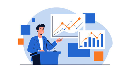 Business presentation illustration with chart graphs and a man giving a speech in public