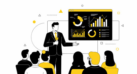 Business Presentation Illustratrion Shows Modern Graphic Showing Data Charts To Audience People