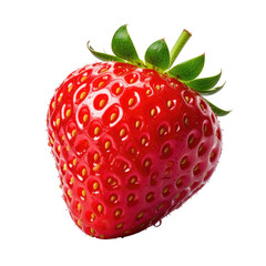 Isolated ripe strawberry, vibrant red, green stem. Detailed texture