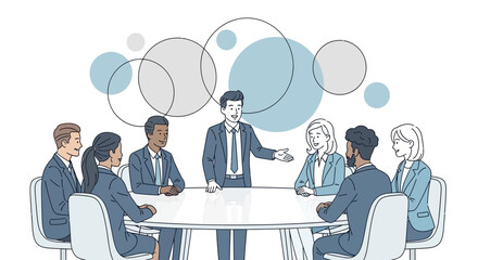 Business Presentation Meeting Illustration with Team Members and Circle Shapes