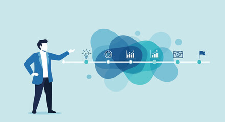 Business presentation of charts and progress with an illustrated businessman explaining the data flow