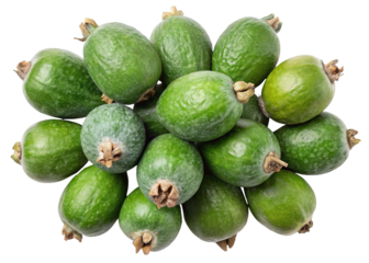 A pile of fresh green feijoa fruits showing their unique shape and texture isolated on transparent background