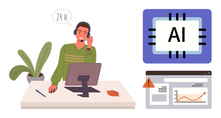 Man at desk with headset, computer, plant AI chip, error alert, and graph windows. Ideal for technology, AI, support customer care troubleshooting efficiency innovation. Simple flat metaphor