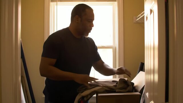 Mature African American man packing clothes into a cardboard donation box while decluttering his home bedroom
