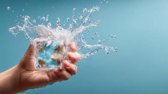 A hand holds an ice cube globe splashing water playfully.