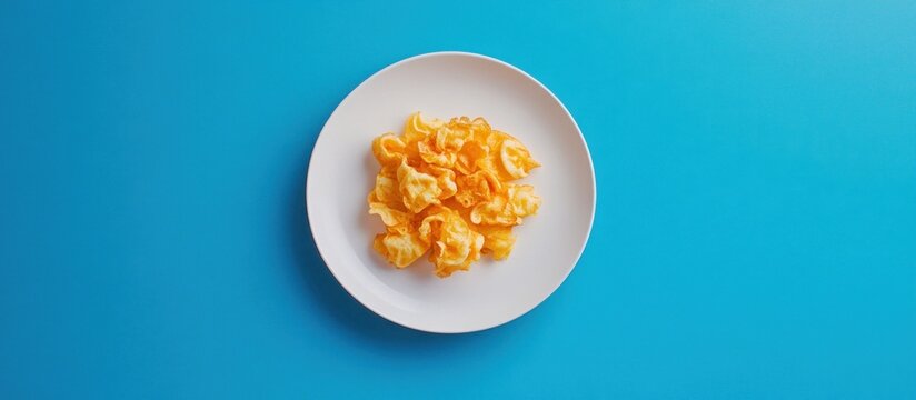 Top view of crispy potato chips on white plate against blue background