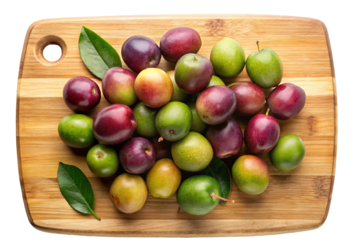 A vibrant assortment of fresh green and purple olives artfully arranged on a rustic wooden cutting board isolated on transparent background - Powered by Adobe