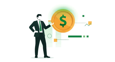 Business Professional Displaying Wealth and Financial Success Illustrated With Dollar Coin