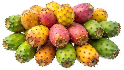 A vibrant pile of prickly pear cactus fruits in various colors including green yellow orange and pink isolated on transparent background