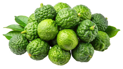 Fototapeta premium A vibrant pile of fresh green kaffir lime fruits with leaves isolated on transparent background