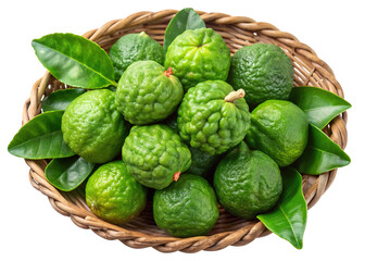 Fototapeta premium A woven basket filled with fresh green kaffir lime fruits and leaves isolated on transparent background