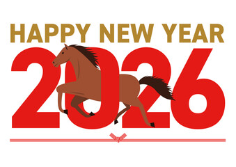 2026年の数字をくぐる午とhappy new yearの挨拶が書かれた正月イラスト
