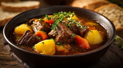 Belgian carbonade flamande served isolated in a deep ceramic bowl, beef stew in dark beer sauce with potatoes