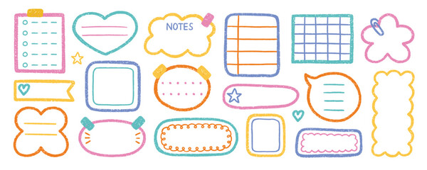 Crayon memo text boxes and doodle frames set. Pencil stickers for planners, note frames in sketch style. Grunge textured hand drawn illustrations isolated on white background.