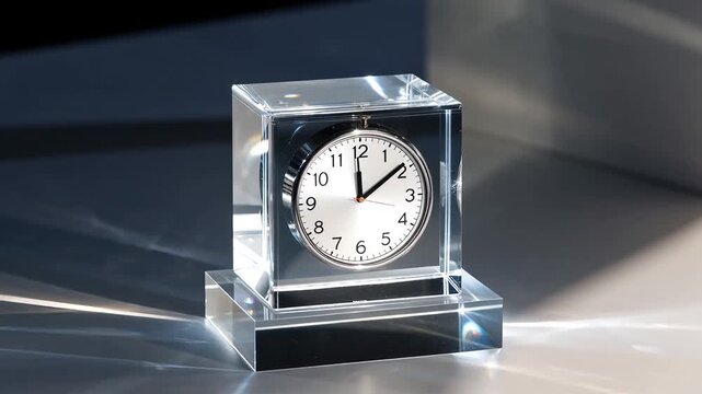 Elegant clear glass or crystal cube clock with a silver face sitting on a reflective surface with beautiful light refractions and sunlight