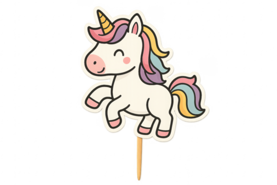 Cartoon unicorn cake topper with rainbow colors