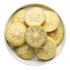 A white plate filled with sliced yellowish green fruit showing its inner seed structure isolated on transparent background