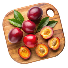 Fototapeta premium Fresh ripe plums and sliced plums displayed on a wooden cutting board isolated on transparent background