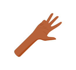 Flat style hand gesture with four fingers up sticker. Bare human palm showing count of number four through raised fingers. Isolated hand position for math, education, and basic sign concepts.