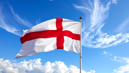 St George’s Cross flag flying in strong breeze against vivid blue sky with scattered clouds, symbol of English pride and clarity.