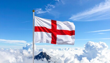 St George’s Cross flag flying in strong breeze against vivid blue sky with scattered clouds, symbol of English pride and clarity.