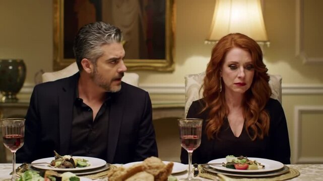 Man and woman at dinner table with wine and food in formal setting
