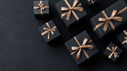 Naklejka premium Small and large black gift boxes with elegant gold ribbons are neatly arranged on a dark surface creating a festive atmosphere for a special occasion or celebration.