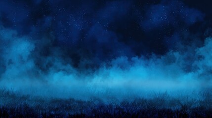 Fototapeta premium A tranquil nighttime scene features a dark blue sky filled with stars above a misty landscape. Low-lying fog blankets the ground creating a serene and mysterious atmosphere.