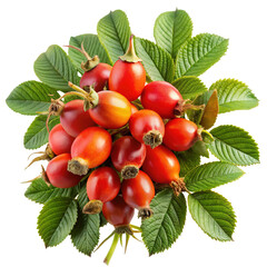 Vibrant cluster of ripe red rose hips with green leaves isolated on transparent background