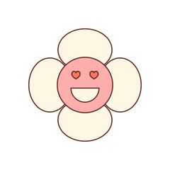 Groovy retro flower with pink cartoon face and cute smile. Happy heart and love icon show playful y2k character, cute fun element in a colorful style, perfect for cheerful positive projects.