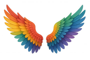 Obraz premium Rainbow feathered wings with bright colorful feathers symbolizing freedom, fantasy, and lgbt pride, transparent background