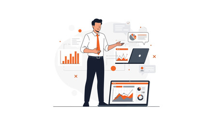 Business professional presents data analysis and insights on a laptop screen illustration