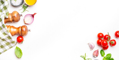 Food background, spices and herbs, ingredients for healthy eating and cooking, white copy space, top view