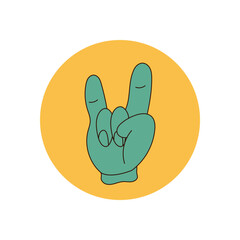 Groovy hand sticker in retro badge style, flat yellow circle with playful symbol and label. Modern lid concept for package or y2k product accent, vibrant illustration for cool usage.