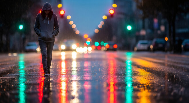 Woman walking alone on wet city street under rain with colorful reflection from car lights. Urban life and melancholy concept.